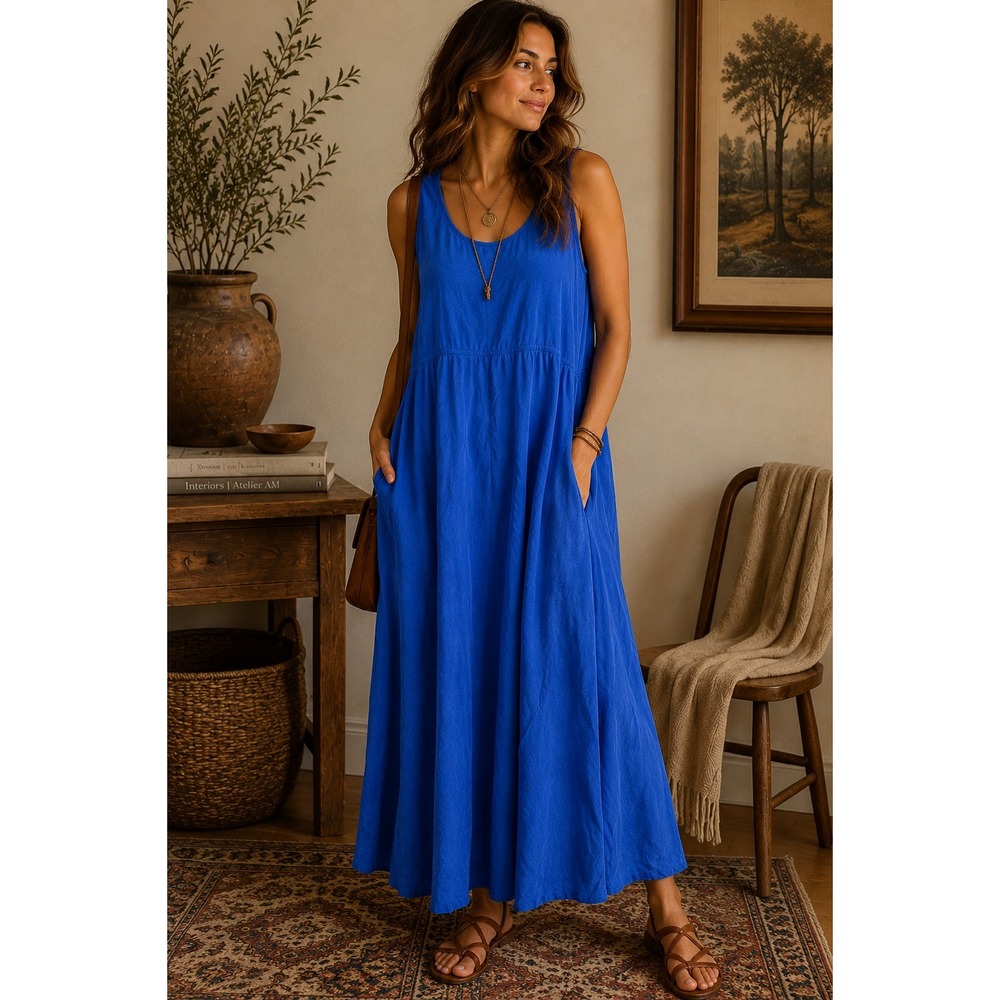 Rabbit Designs Blue Rayon Sleeveless Maxi Dress Pockets Boho Flowy L 49in Long